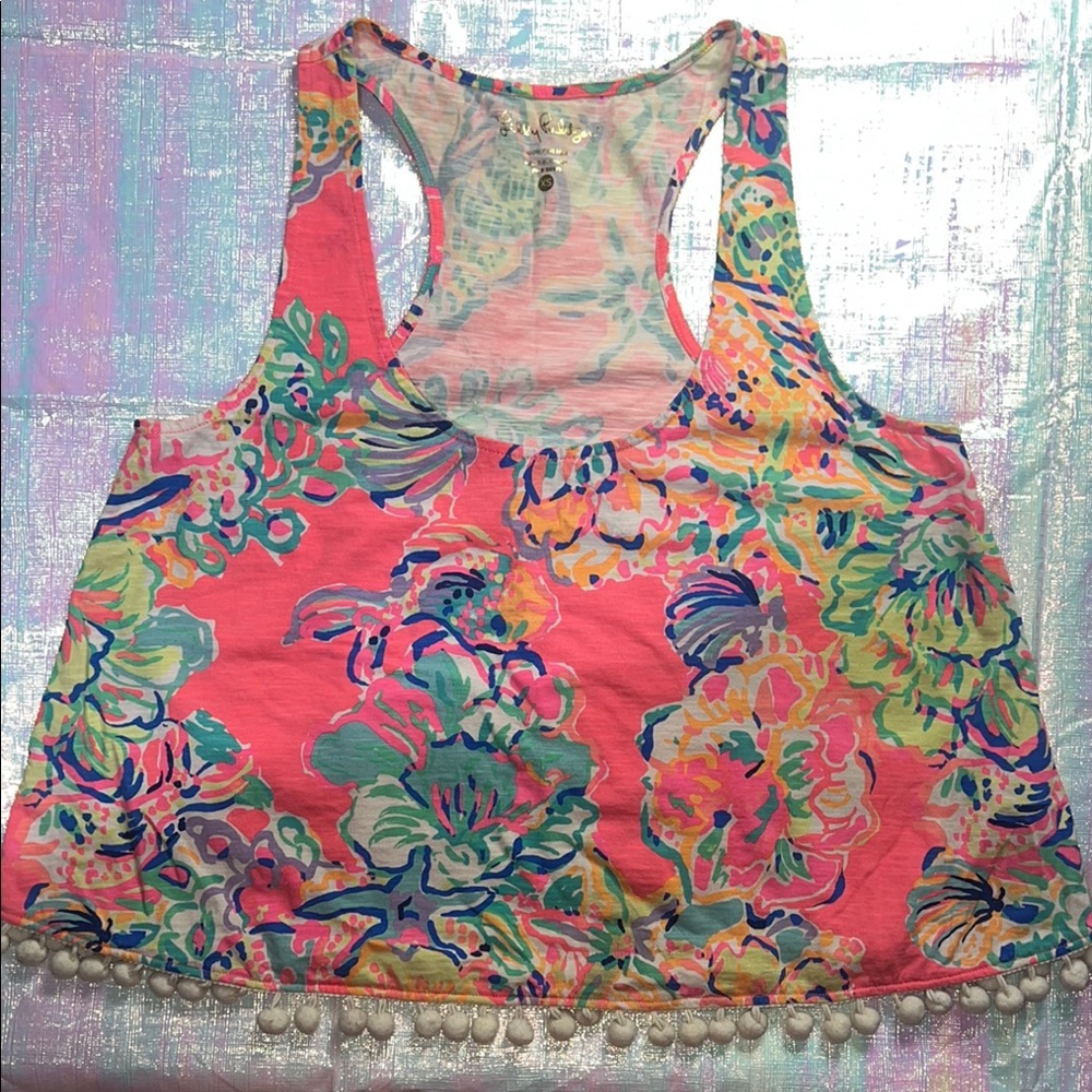 Lilly Pulitzer Floral And Pom Poms Sleeveless Crop Tank 113.
